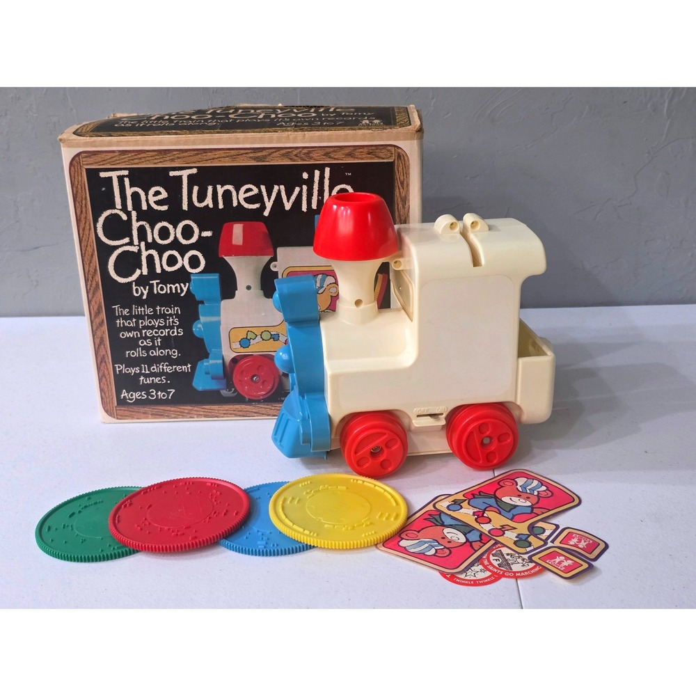 Vintage 1975 Toy Tomy Tuneyville Choo-Choo Musical Train Toy with Box & Discs